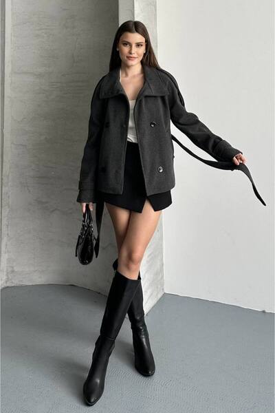 Bella Breeze Women's Stand Collar Belted Cashmere Jacket Double Button Short Coat