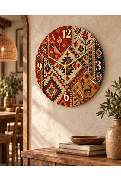 AA Shop Ceas de perete decorativ din lemn cu motiv etnic otoman, 45 cm, cu me...
