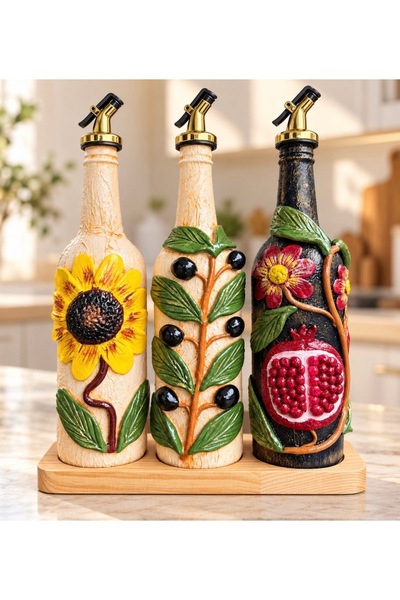 Rembox Ege Serisi 3’lü 750 ml Özel Tasarım Kil Kabartmalı Yağdanlık Seti – Ay...