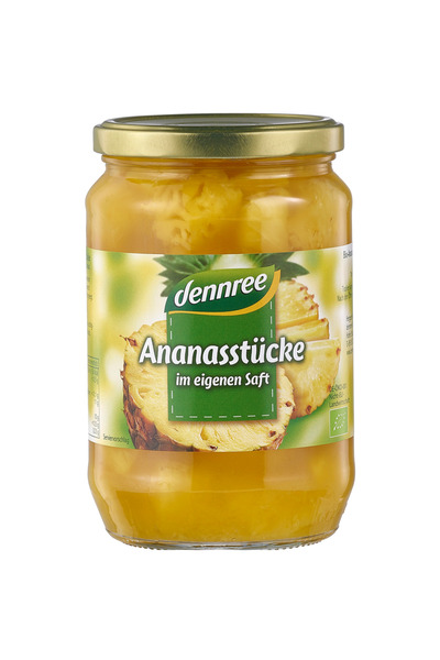 Dennree Piese de ananas bio în suc propriu, borcan 685 g