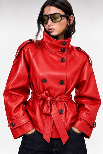 mega lucky Premium Red Faux Leather Stand Collar Lined Women's Leather Jacket