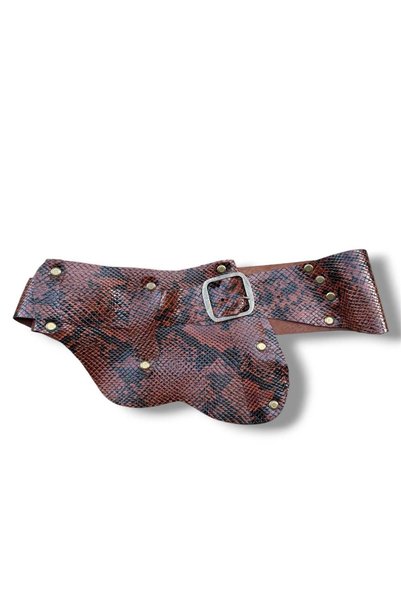 Yılday Gür Butik Women's Tan Brown Snake Pattern Textured Buckle Leather Belt...
