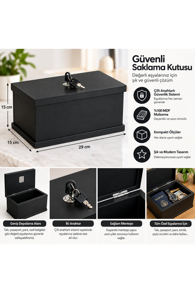 BOZKURT CNC Güvenli Saklama Kutusu – Kilitli Ahşap Kutu, Siyah %100 MDF 2 Ade...