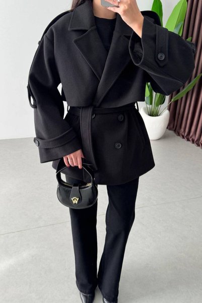 Bella Breeze Women's Double-Breasted Collar Belted Double-Button Oversize Short Cashmere Coat
