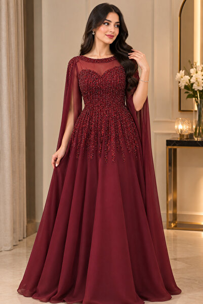 Barly Royal Burgundy Evening Dress with Beads and Sequins