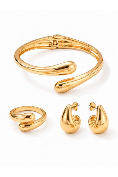 Nevara Elegant Gold Color Set with Open Bangle, Adjustable Ring, and Trendy Streamlined Earrings