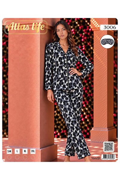 Kadın Gri Leopar Desenli Gömlek Yaka Düğmeli Pijama Takımı