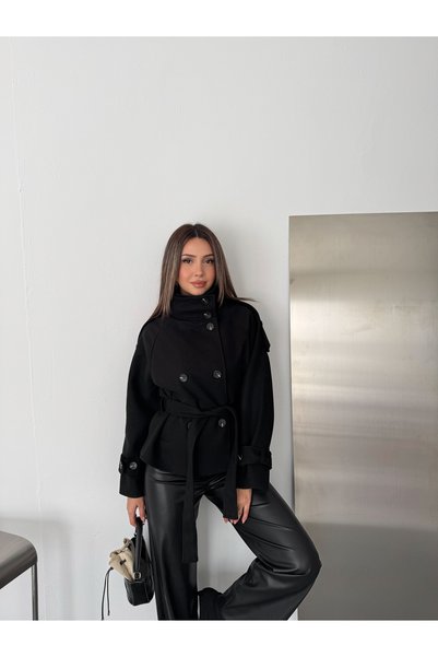 Bella Breeze معطف نسائي قصير ذو ياقة عالية وحزام وأزرار مزدوجة