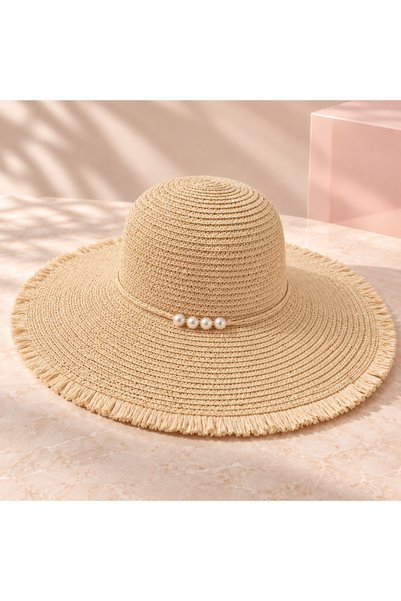 BLOOMY Pearl-Trimmed Wide-Brim Beach Hat - Cream