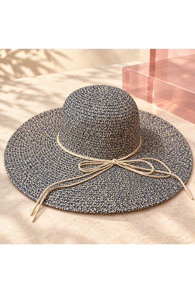 BLOOMY Two-Tone Woven Wide-Brim Beach Hat - Navy Blue