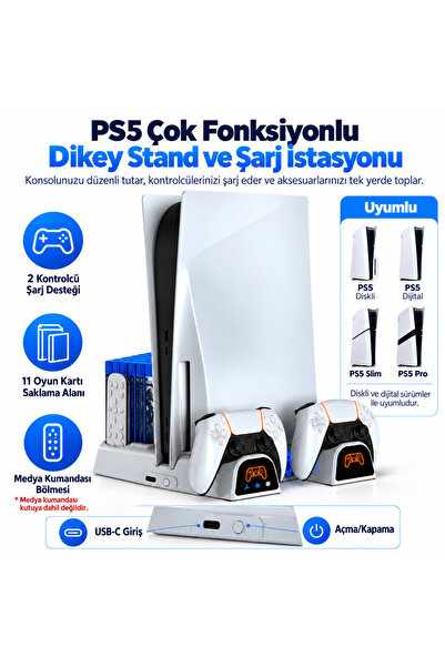 Sezy PS5 / PS5 Slim / PS5 Pro Uyumlu Çok Fonksiyonlu Dikey Stand, Çift Kol Şarj İstasyonu, Soğutucu Fanlı Konsol Tutucu ve Oyun Kartı Düzenleyici