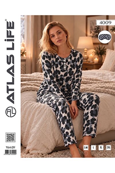 Kadın Gri-Siyah Leopar Desenli Düğme Detaylı Bisiklet Yaka Göz Bantlı Pijama Takımı