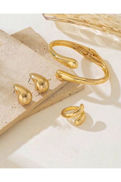 Nevara Elegant Gold Color Set with Open Bangle, Adjustable Ring, and Trendy Streamlined Earrings