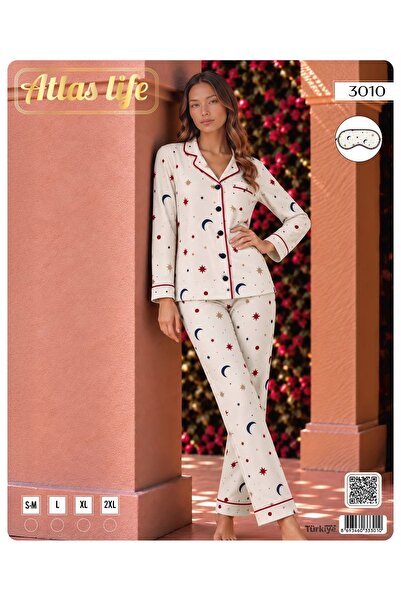 Kadın Ekru Ay ve Yıldız Desenli Gömlek Yaka Düğmeli Göz Bantlı Pijama Takımı