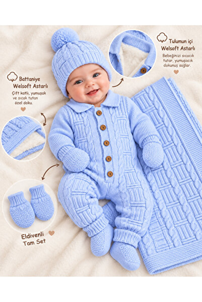 Tri-Berries Welsoft Lined Baby Knitwear Jumpsuit Blanket Set with Gloves, Pom...