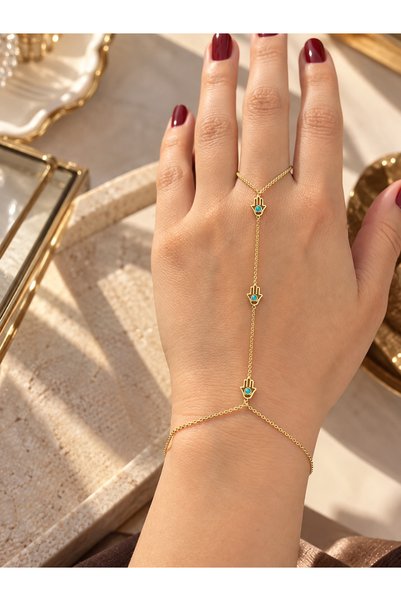 Genel Markalar Lumière d’Asel Hamsa Gold 3’lü Turkuaz Taşlı Fatma Ana Eli Şah...