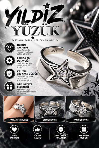 FG KONNİCHİWA Star Stone Silver Color Ring Unisex
