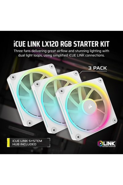 AyPenye iCUE LINK LX120 RGB 120mm PWM Kasa Fanı Üçlü Paket, Çift Işık Döngüsü, AirGuide Teknolojisi - Beyaz