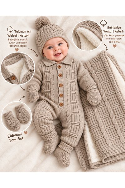 Tri-Berries Welsoft Lined Baby Knitwear Jumpsuit Blanket Set with Gloves, Pom...