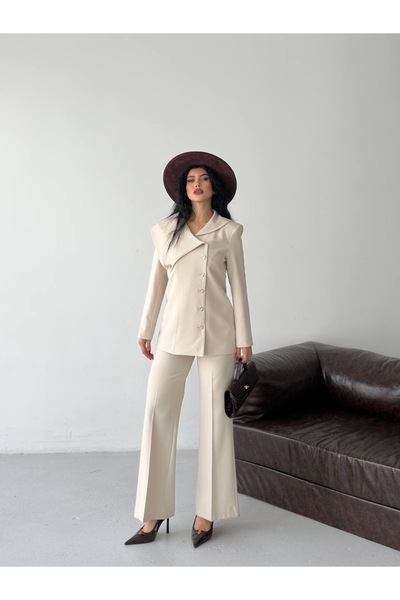 Celiora Set de jachetă și pantaloni pentru femei, cu guler asimetric și nastu...