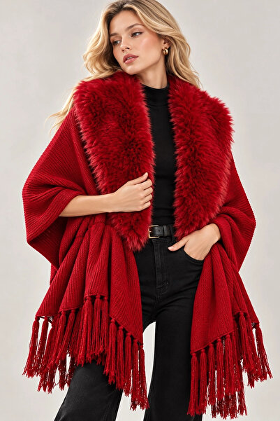 Lusin Poncho de damă cu guler de blană roșie, cu ciucuri, tricotaj lejer