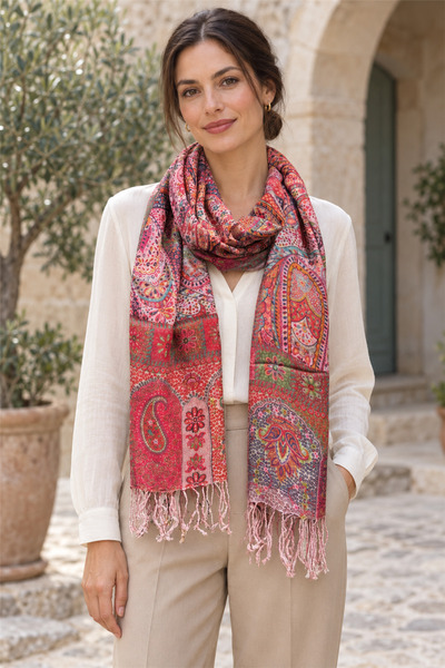 Miss Boheme Large Shawl with Pink Background, Motif and Border, Ethnic Shawl
