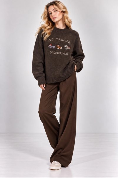 Lusin Women's Brown Embroidered Dog Figured Embroidered Oversize Premium Knitwear Sweater