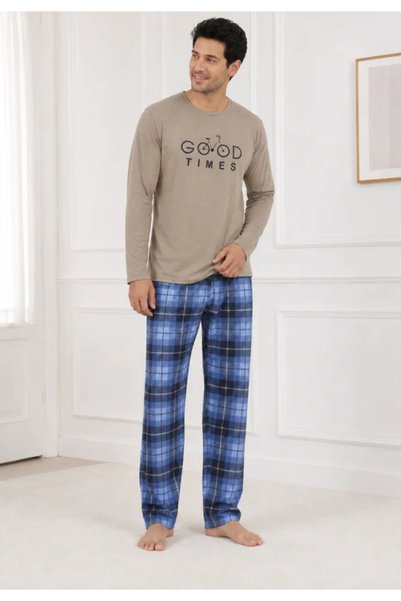 TOSKI Pijama bărbați, Bluză bej cu mânecă lungă și imprimeu "Good Times", Pantalon lung în carouri albastr