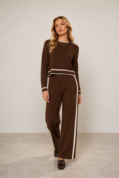 Lusin Women's Brown Stripe Detailed Textured Long Sleeve Wide Leg Pants Bottom Top Two-Piece Knitwear Set