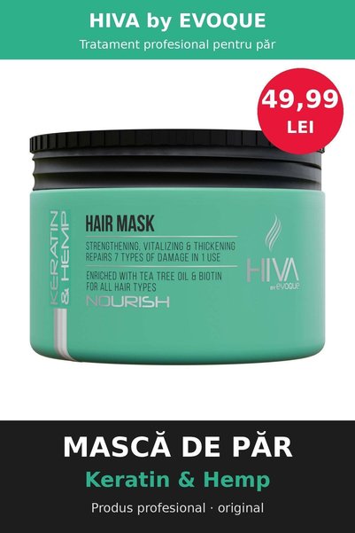 HİVA Mască de păr profesională Keratin & Hemp – cu keratină și ulei de cânepă