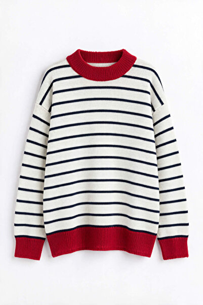 Sue Store Ecru Red Striped Oversize Knit Sweater
