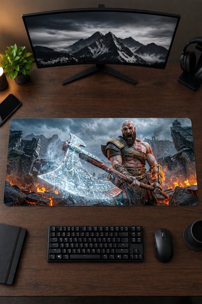 Kratos God Of War 40x90 Gaming Oyuncu Mouse Pad Kaymaz Kauçuk Taban Büyük Boy Klavye Fare Altlığı Mousepad