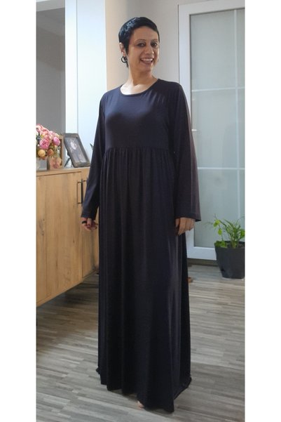 Mertcan Butik Black Front and Back Gathered, Loose-Fitting, Ankle-Length, Long-Sleeved, Combed Viscose Dress