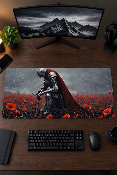Kırmızı Gelincik Tarlasında Şovalye 40x90 Gaming Oyuncu Mouse Pad Kaymaz Kauçuk Taban Büyük Boy Klavye Fare Altlığı Mousepad