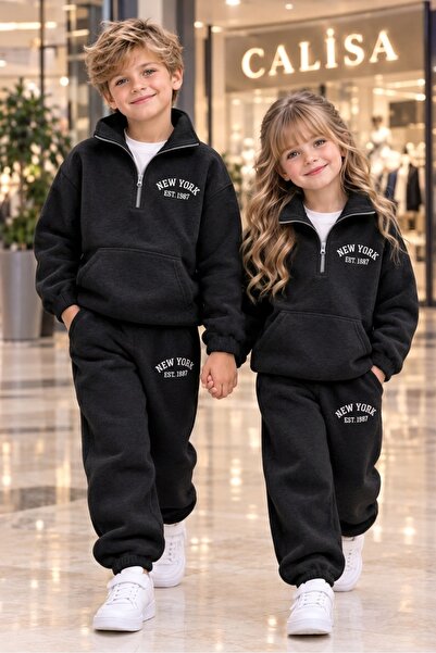 CALİSA Set de trening pentru copii, unisex, din fleece, cu fermoar, guler îna...