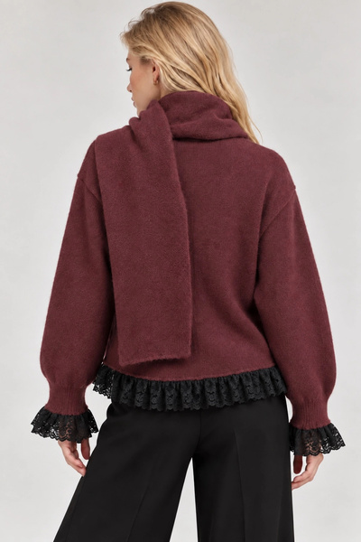 Lusin Women's Burgundy Lace Detailed Scarf Knitwear Sweater (S/M)