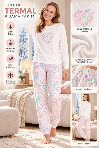 İYİBU Women's Thermal Pajama Set Winter Long Sleeve Heart Printed Soft Textured