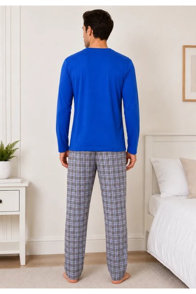 TOSKI Pijama bărbați, Bluză cu mânecă lungă și decolteu în V cu imprimeu piept, Pantalon lung în carouri,A