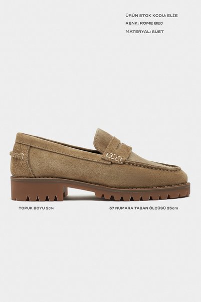 NİŞANTAŞI SHOES Elie Rome Beige Genuine Suede Leather Serrated Thick Sole Women's Penny Loafer
