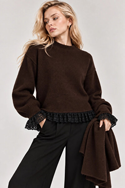 Lusin Women's Brown Lace Detailed Scarf Knitwear Sweater (S/M)