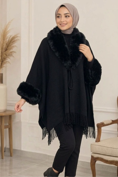 ARMİZA Women's Mink Fur Collar and Sleeve Detail Tasseled Front Tie Knitwear ...