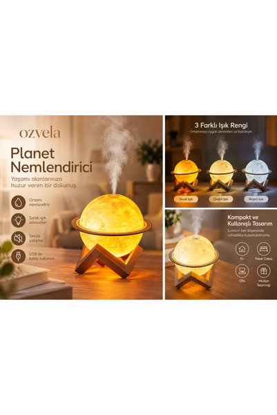 Ozvela Satürn Tasarımlı LED Işıklı Hava Nemlendirici – Dekoratif Gezegen Görünümlü Buhar Makinesi
