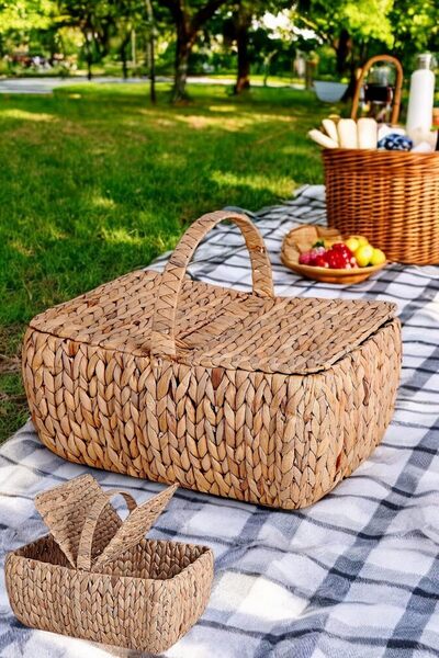 TAKYAKIŞTIR El Yapımı Su Sümbülü Kapaklı Büyük Boy Hasır Örme Piknik Sepeti Dikdörtgen - 46X30cm - 20-36cm