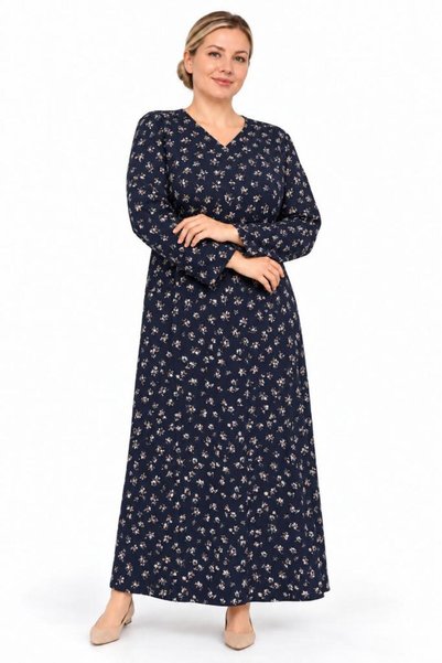 Sedef Moda Evi Navy Blue Mini Floral Patterned Cupped Comfortable Stylish Hijab Plus Size Mother's Dress