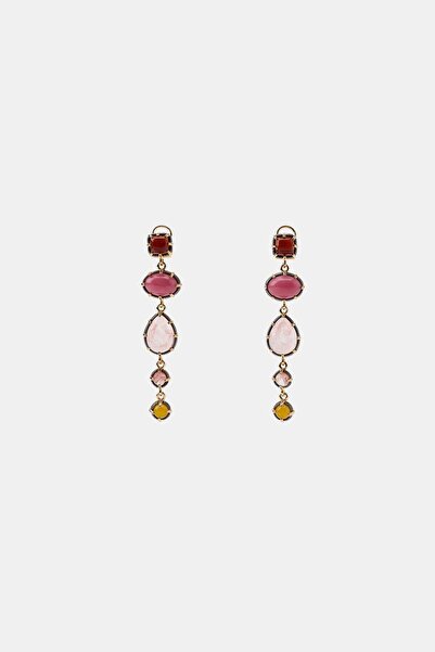stravis Gold Color Pink Claret Red and Yellow Stone Multiple Drop Model Long Dangle Women's Earrings