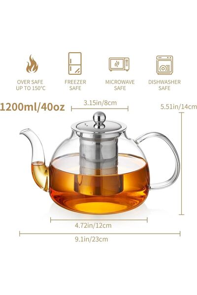 Idrese 40OZ (1200ML) Glass Teapot with Infuser Stovetop Safe, Clear Glass Tea...