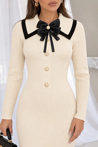 Lusin Women's Ecru Stylish Bow Detailed Knitwear Dress (S/M)