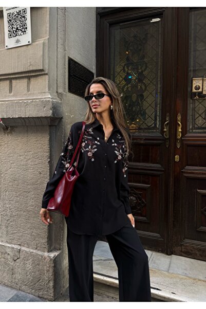 MİA NOURA Women's Shirt with Bead Embroidery on Front and Sleeves, Standard P...