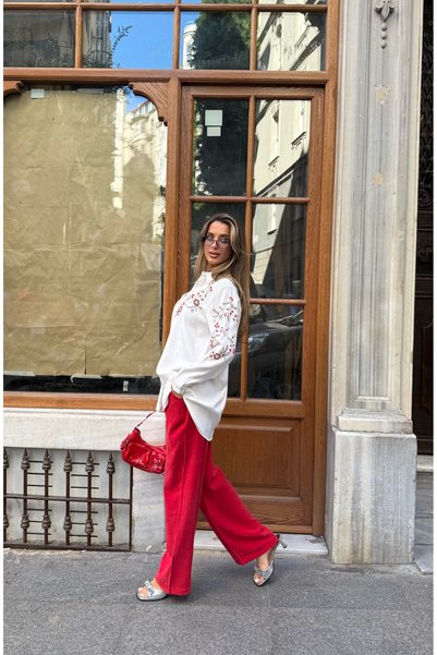 MİA NOURA Women's Shirt with Bead Embroidery on Front and Sleeves, Standard Pants Size Suit