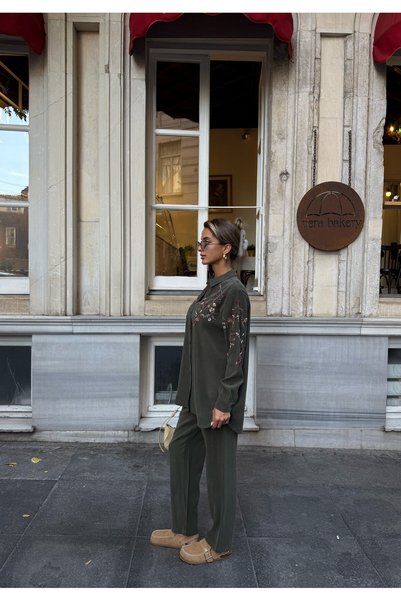 MİA NOURA Women's Shirt with Bead Embroidery on Front and Sleeves, Standard Pants Size Suit